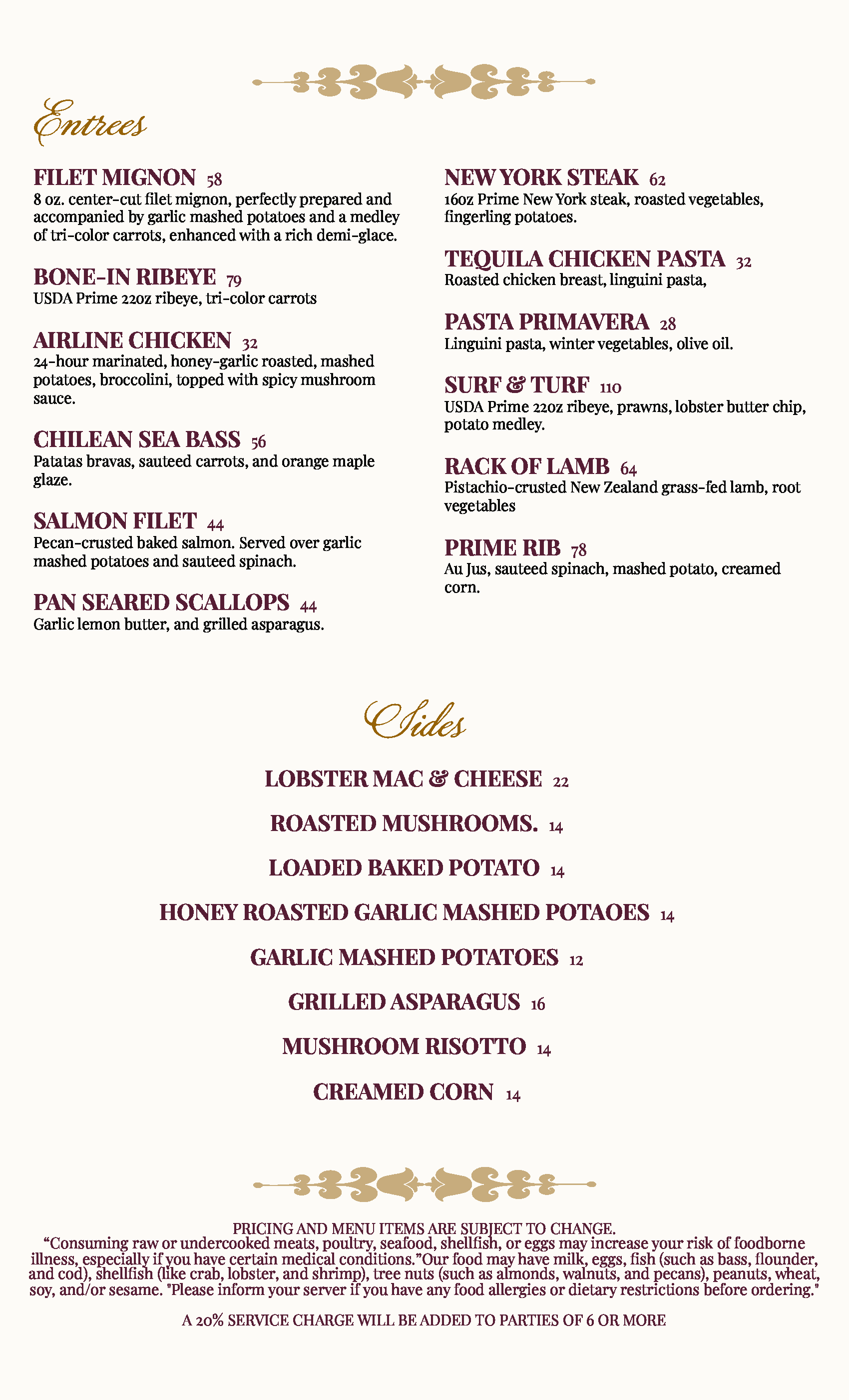 Maroon Fine Dining Menu