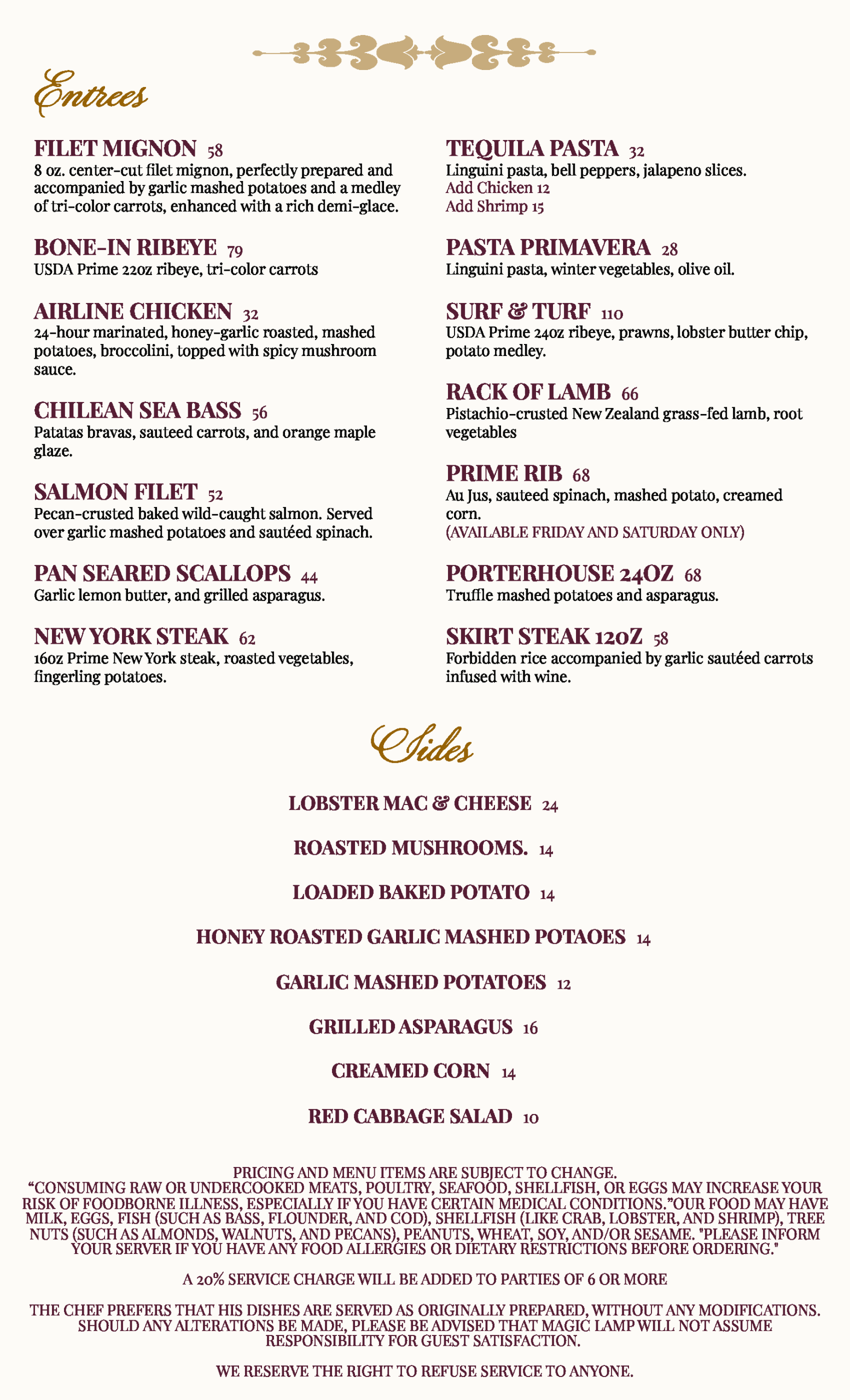 Magic Lamp Restaurant menu page 2